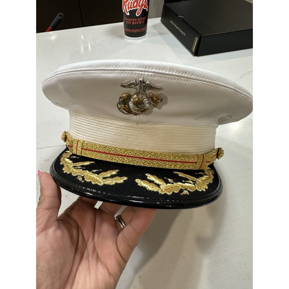 Lancaster Brand Dress Cap White Solid USMC Emblem Gold Braid Hat Size 6 7/8